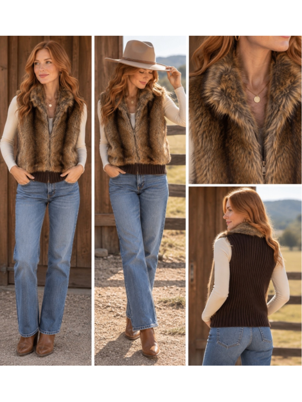 Tiara Faux Fur Zip Front Knit Back Sleeveless Vest Multi Brown Tan Medium W-248